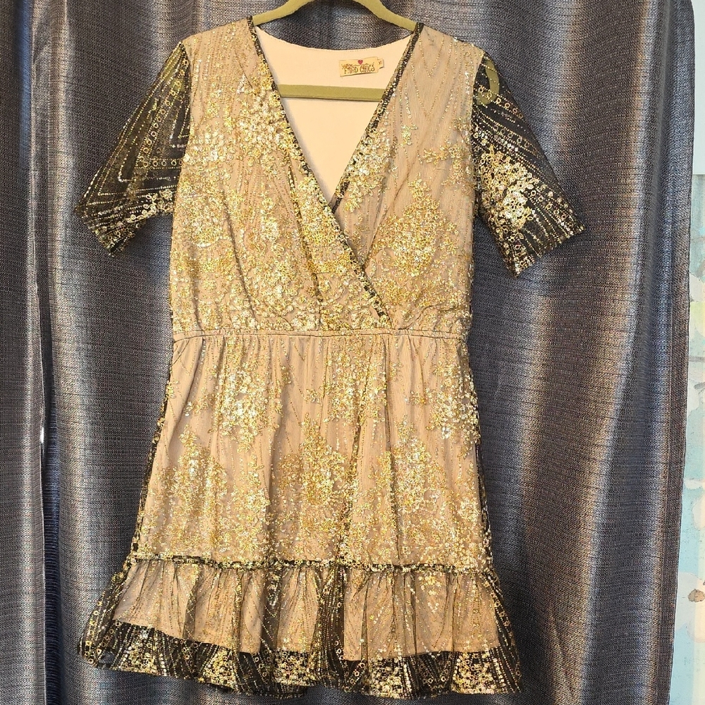 Southern Fried Chics Gold Glitter And Sequin Mini Dress